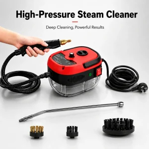 001 Small and Portable High-Pressure Red White Steam Cleaner With Brush Heads Handheld Sanitizing 6-Speed Settings Extended Hose Large Capacity Removes Grease Dust Mites for Air Conditioners Range Hoods Floors Bathrooms Cookware Tableware
