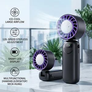 Portable Handheld Fan with Turbo Instant Cooling 120 Wind Speeds USB Rechargeable LED Display – Mini Desktop Fan for Indoor & Outdoor Use