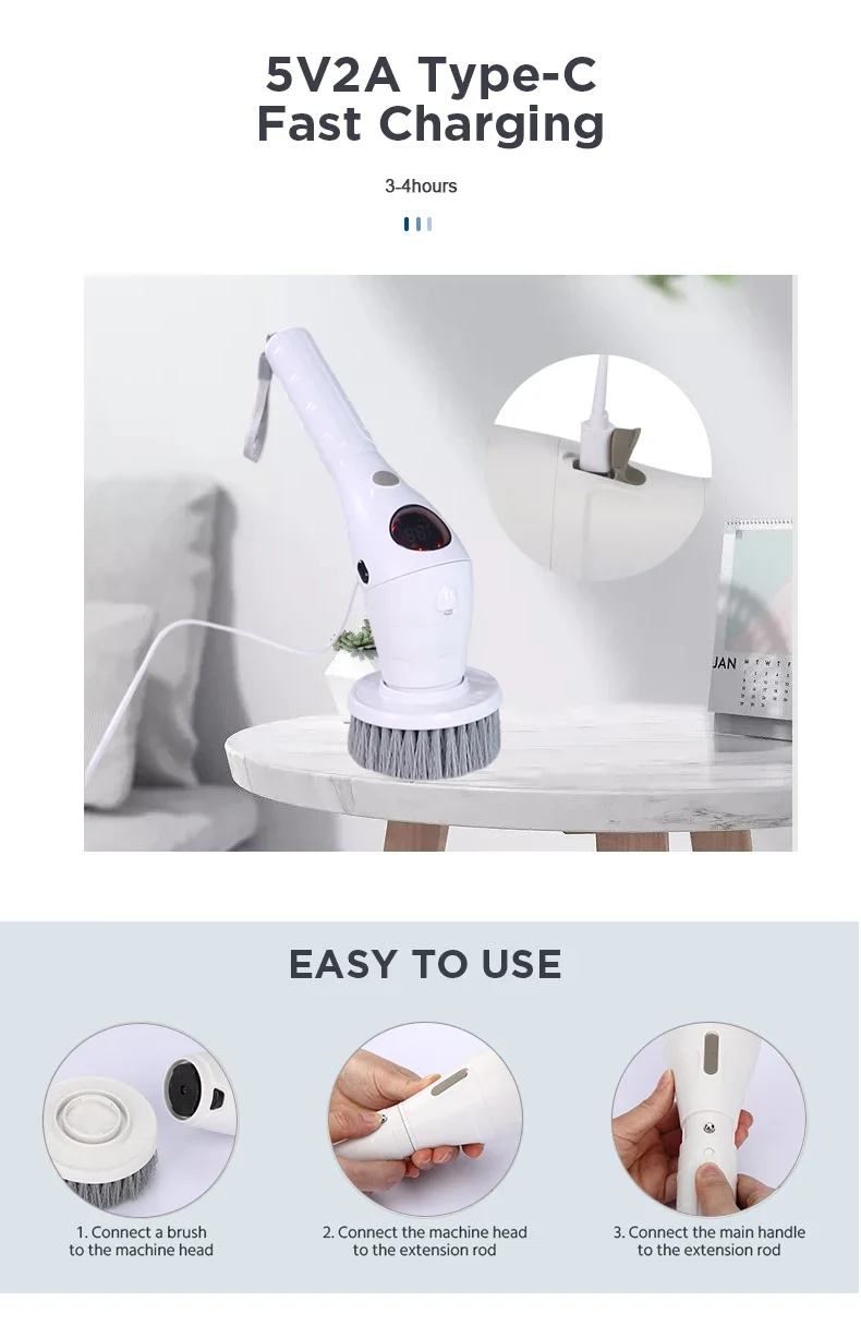 8-in-1 Multifunctional Electric Cleaning Brush Bathroom Kitchen Brush Cleaning With LED NightLight Rotatable Household Brush - Image 12