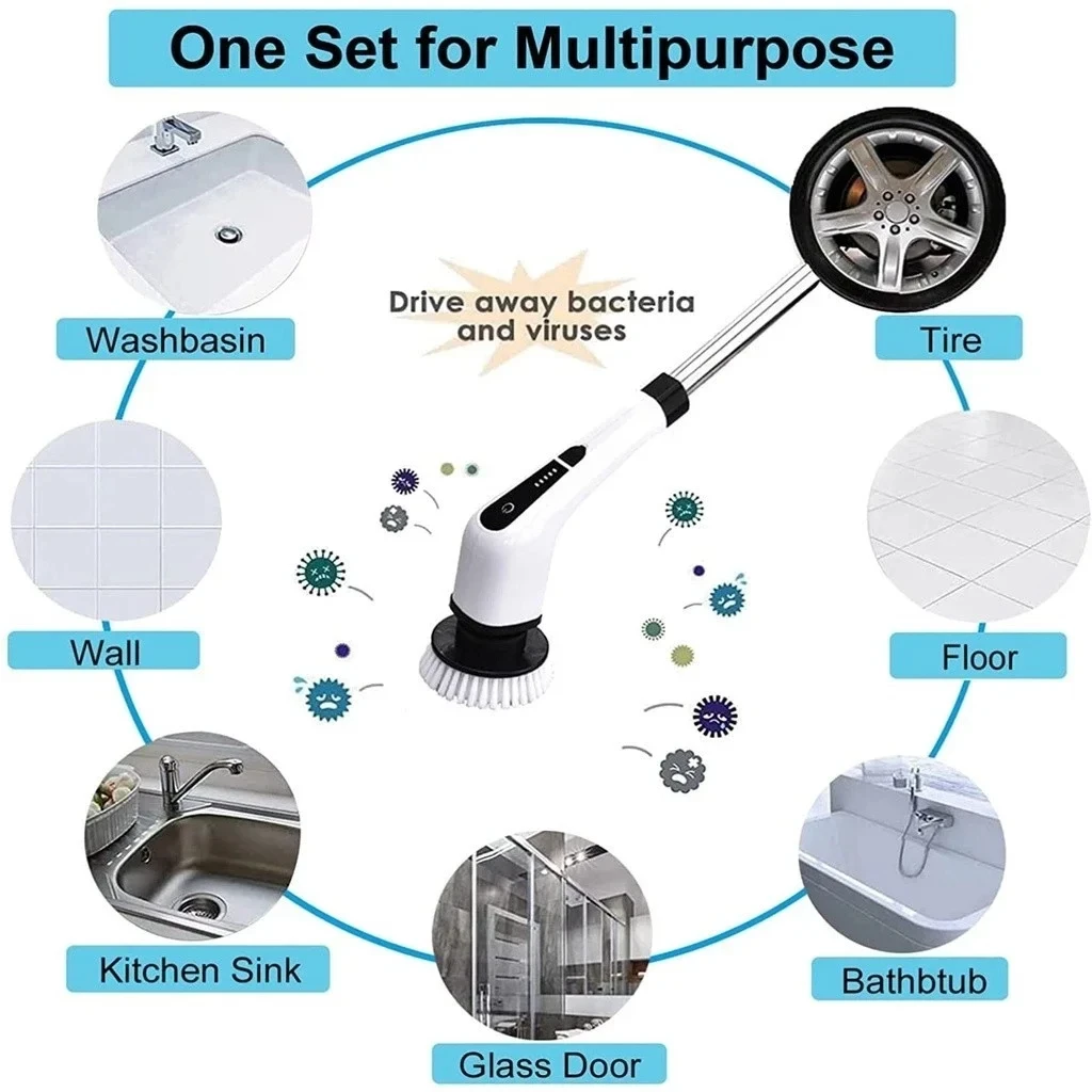 8-in-1 Multifunctional Electric Cleaning Brush Bathroom Kitchen Brush Cleaning With LED NightLight Rotatable Household Brush - Image 2