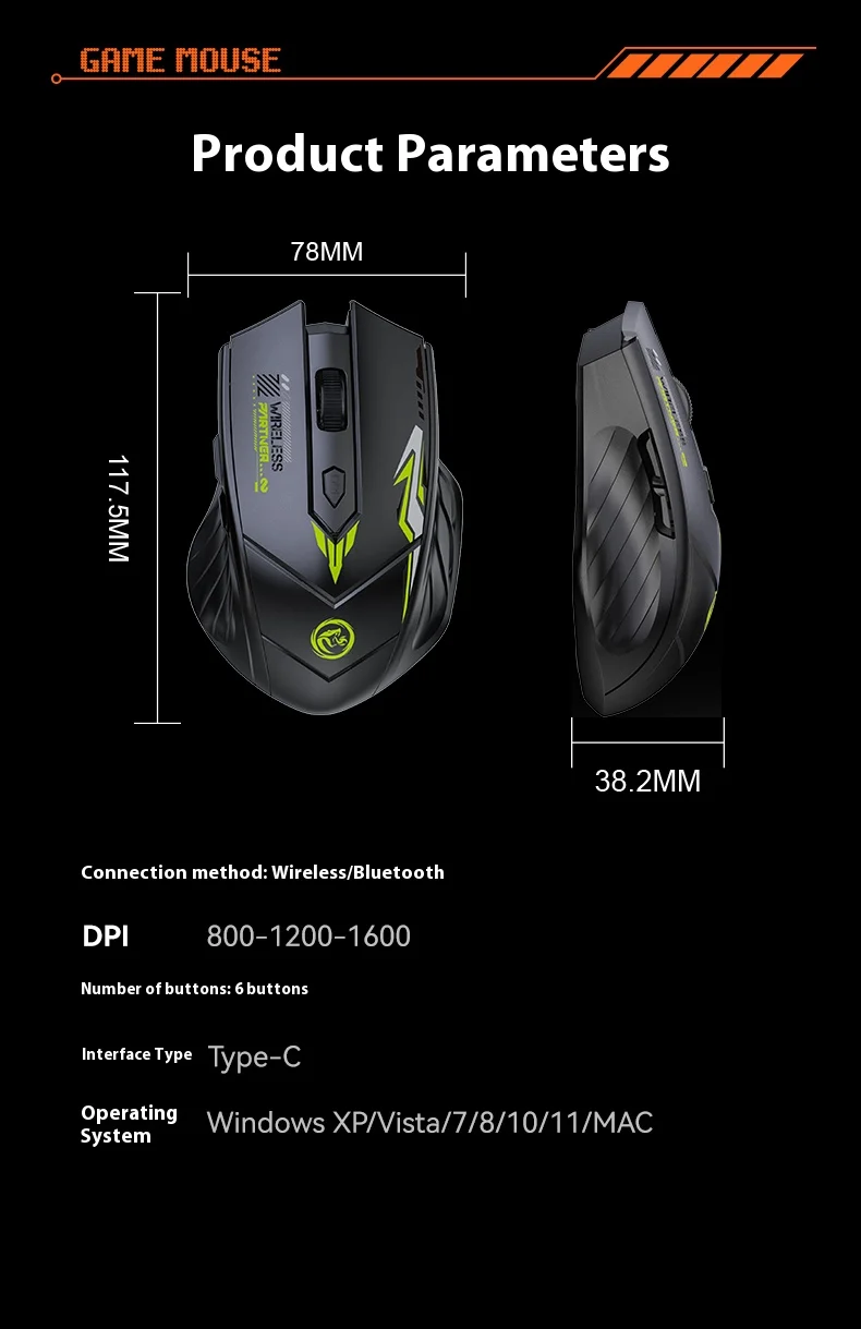 2.4G Wireless Mouse Dual-Mode Bluetooth Mouse 6Buttons Silent Gaming Mice Rechargeable E-Sports Mouse 1600DPI Office Mice For PC - Image 17