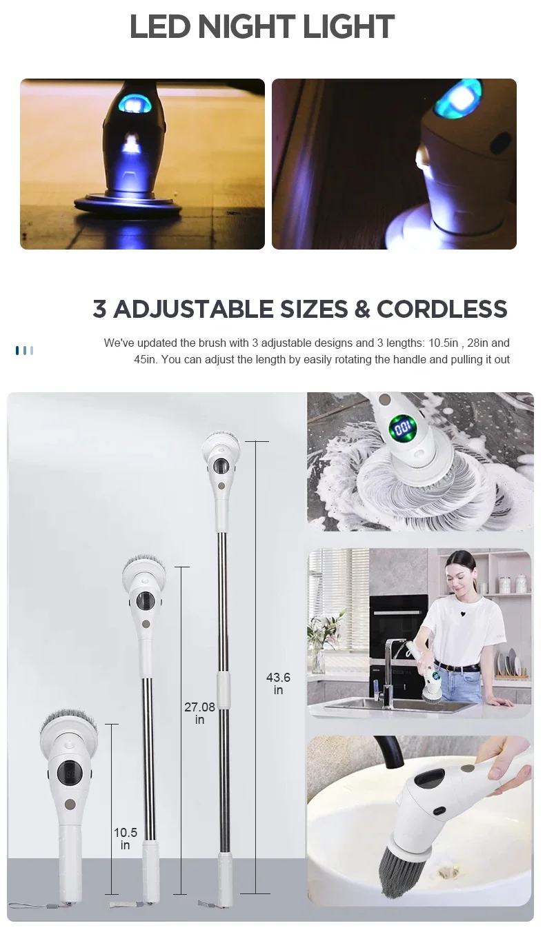 8-in-1 Multifunctional Electric Cleaning Brush Bathroom Kitchen Brush Cleaning With LED NightLight Rotatable Household Brush - Image 11
