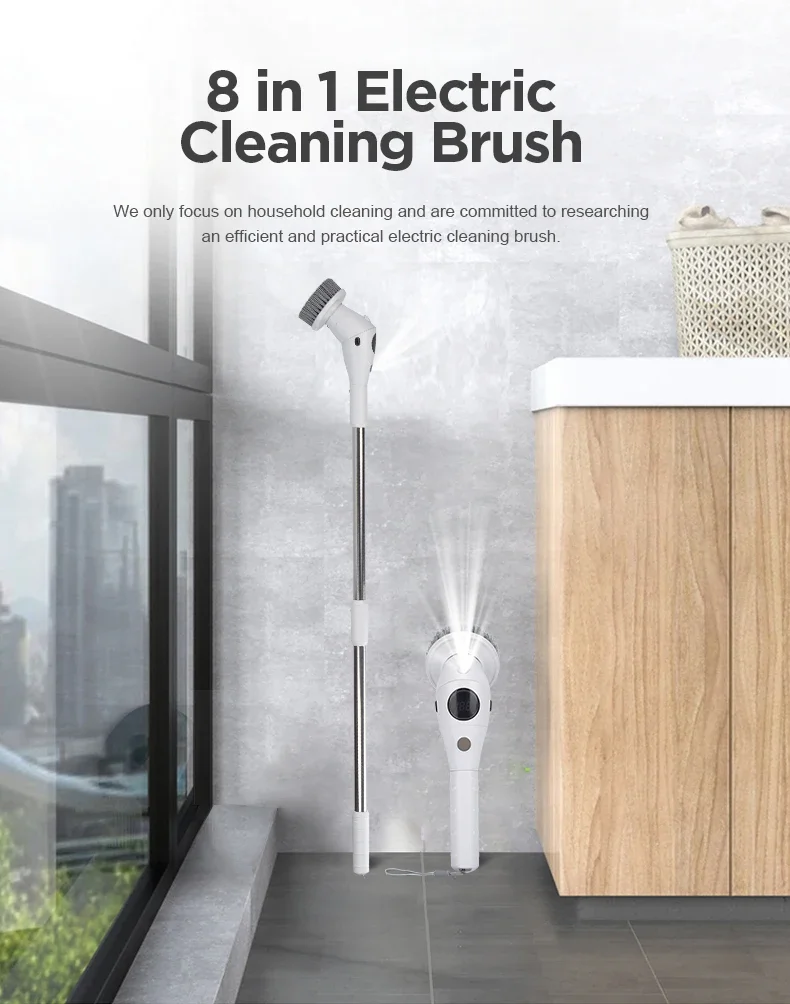 8-in-1 Multifunctional Electric Cleaning Brush Bathroom Kitchen Brush Cleaning With LED NightLight Rotatable Household Brush - Image 7