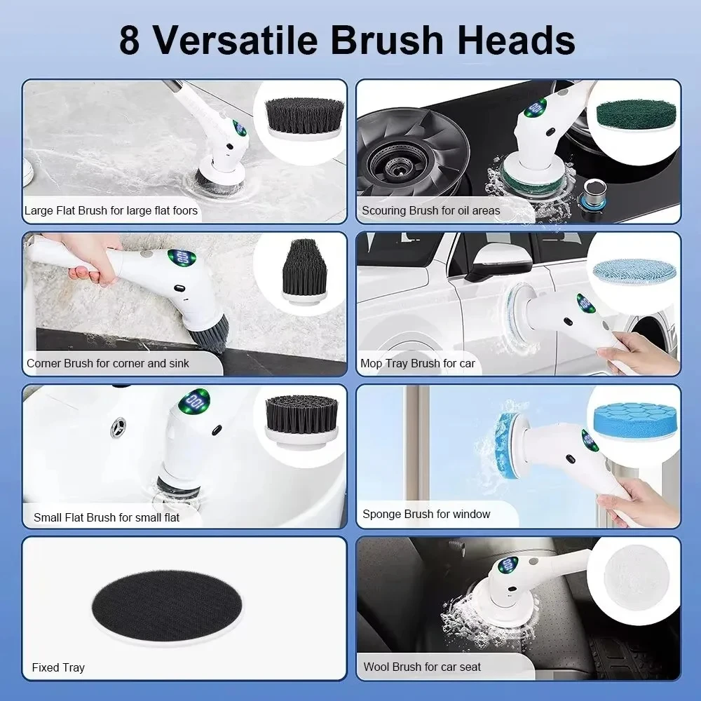 8-in-1 Multifunctional Electric Cleaning Brush Bathroom Kitchen Brush Cleaning With LED NightLight Rotatable Household Brush - Image 5